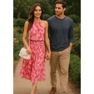 Ramy Brook Alexa Print Sleeveless Drop Waist Dress rose pink combo Small New